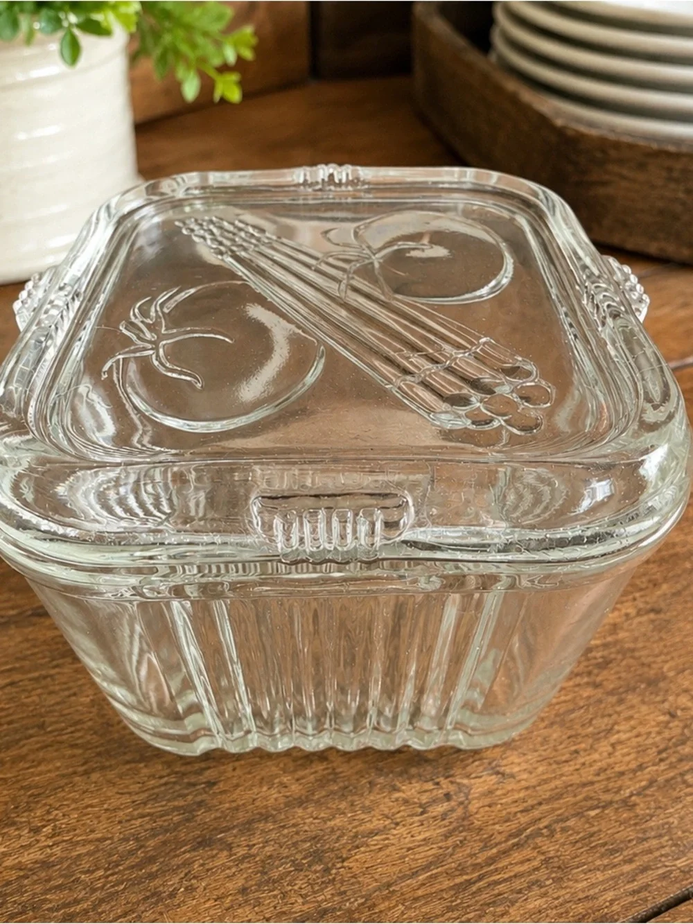 Vintage Federal Glass Refrigerator Dish Vegetable Lid 4” Square Clear